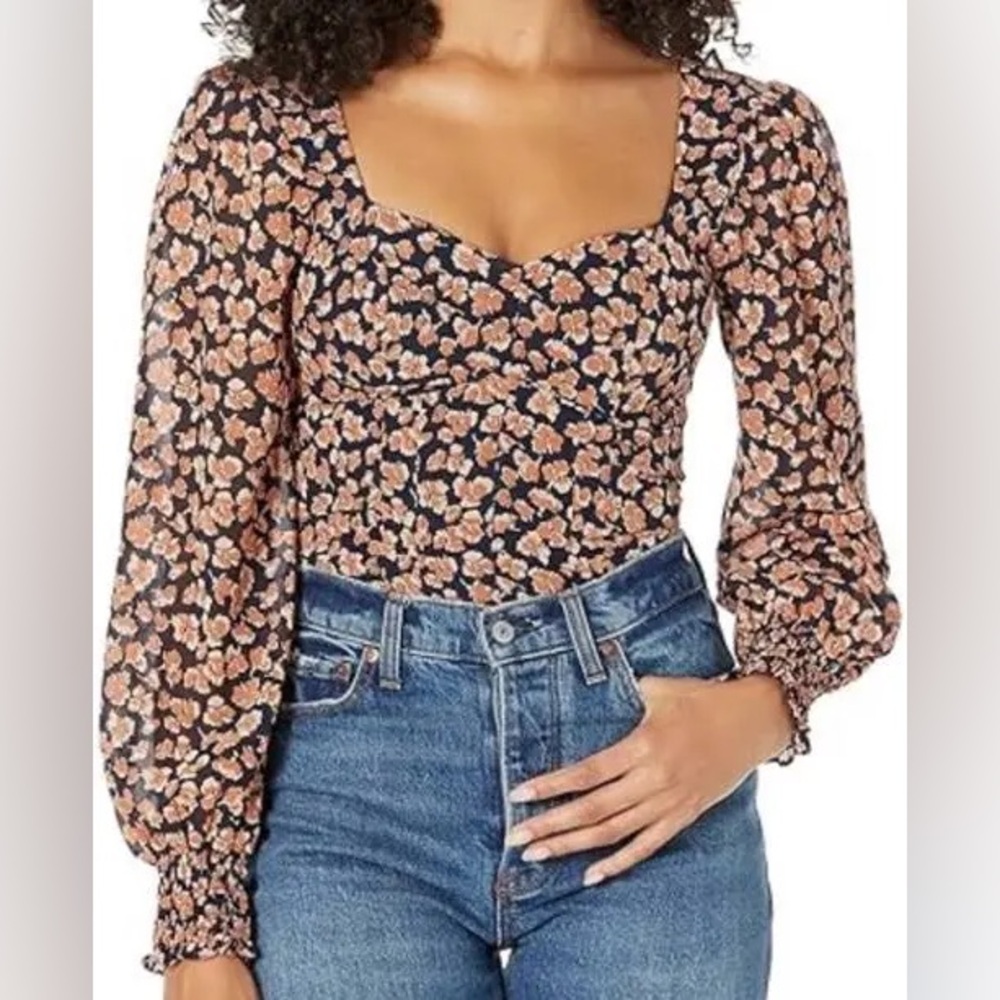 Abercrombie Sweetheart Puff-Sleeve Navy Orange Floral Poppy Print Blouse, Medium